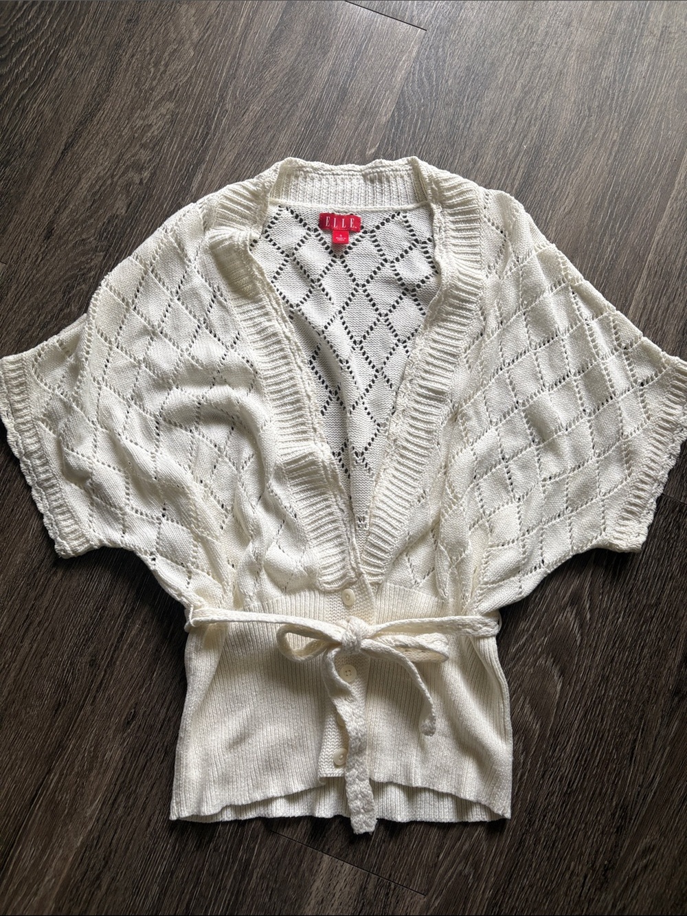 ELLE Cream Openwork Short-Sleeve Tie-Waist Cardigan